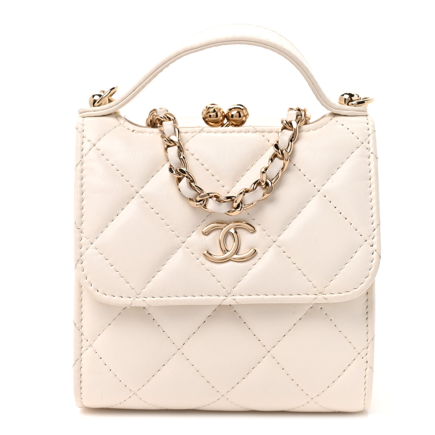 Lambskin Quilted Kiss Lock Top Handle Flap Clutch With Chain White