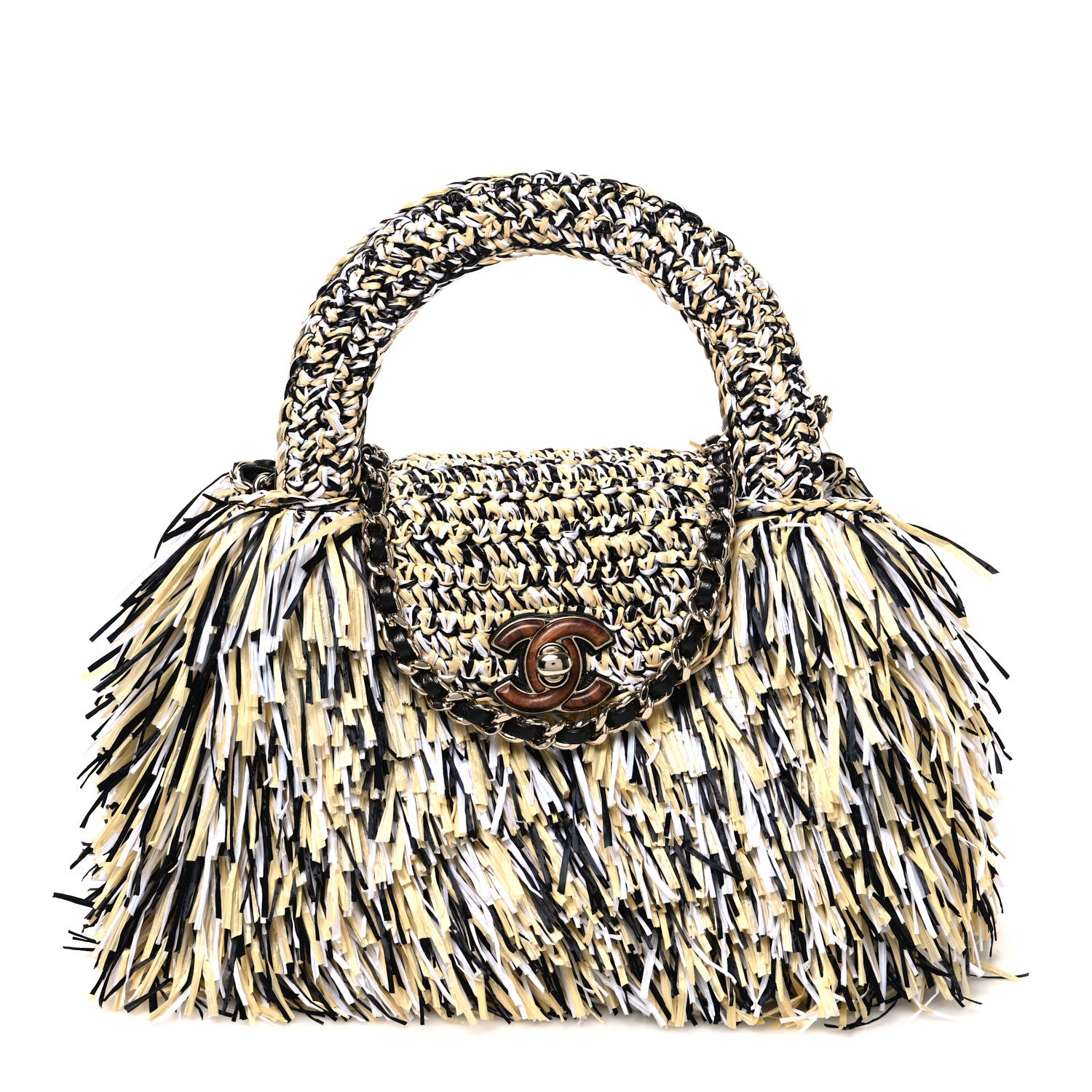 Chanel Raffia Fringe Nano Kelly Shopper Black White Beige 1 of 10