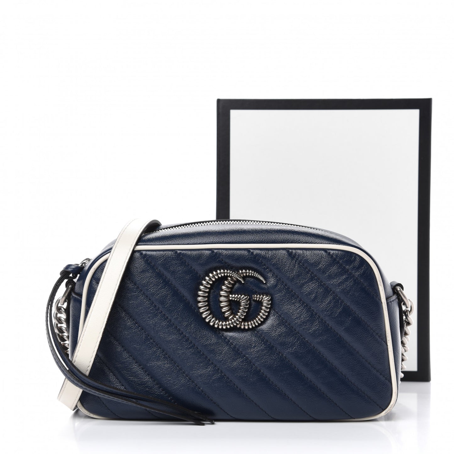 Vintage Effect Calfskin Matelasse Diagonal Small Torchon GG Marmont Chain Shoulder Bag Blue Agata Mystic White