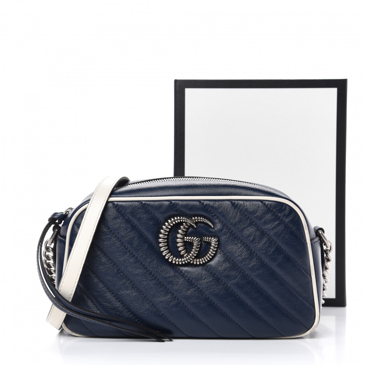 Gucci Vintage Effect Calfskin Matelasse Diagonal Small Torchon GG Marmont Chain Shoulder Bag Blue Agata Mystic White 14 of 14