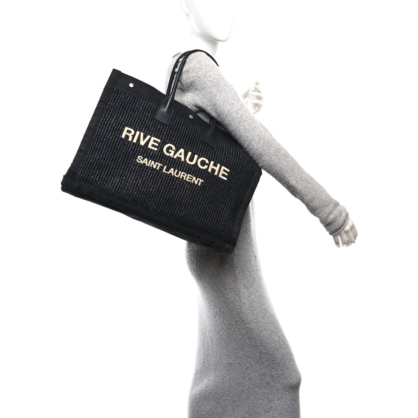 Raffia Linen Calfskin Rive Gauche Tote Black