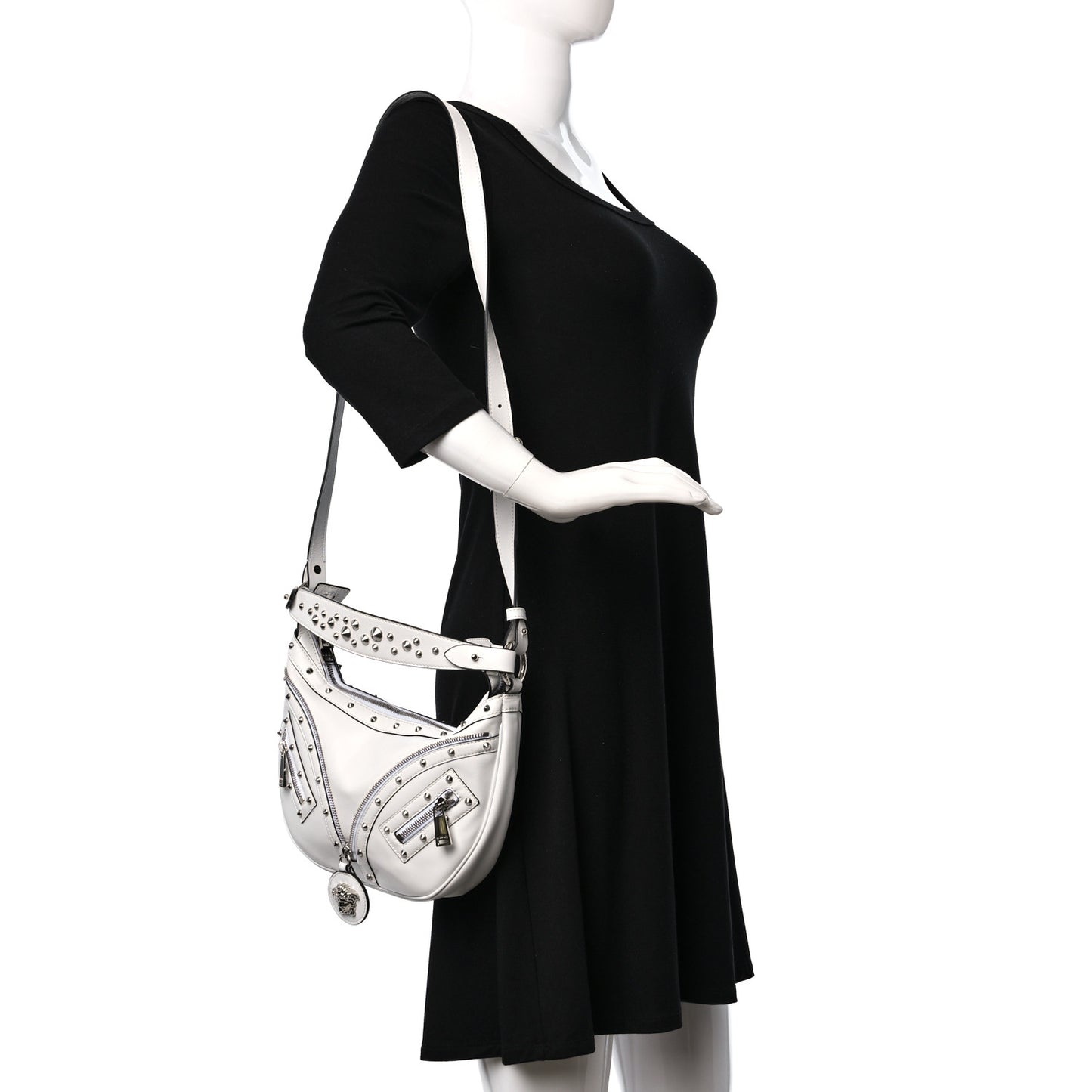 Calfskin Studded Small Repeat Zip Hobo White