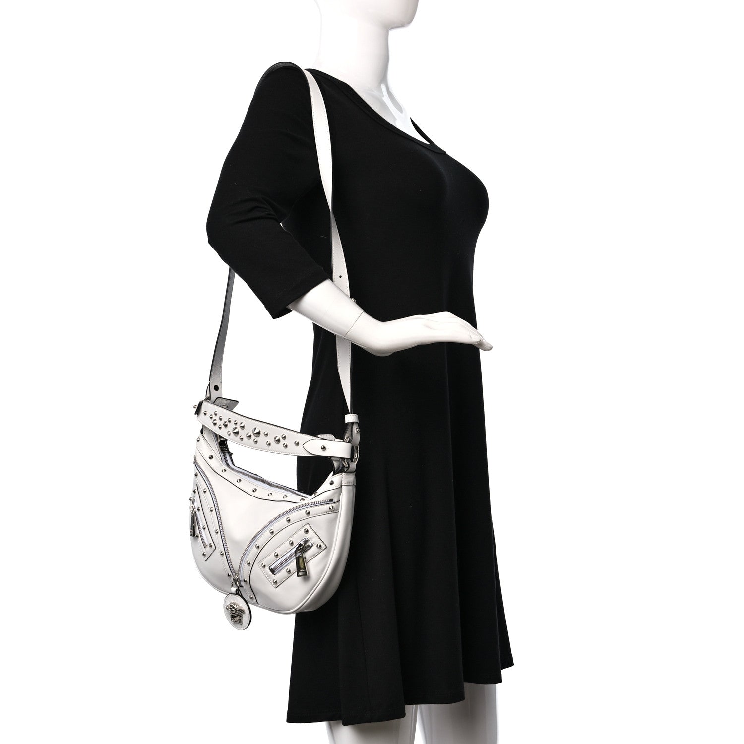 Versace Calfskin Studded Small Repeat Zip Hobo White 2 of 9