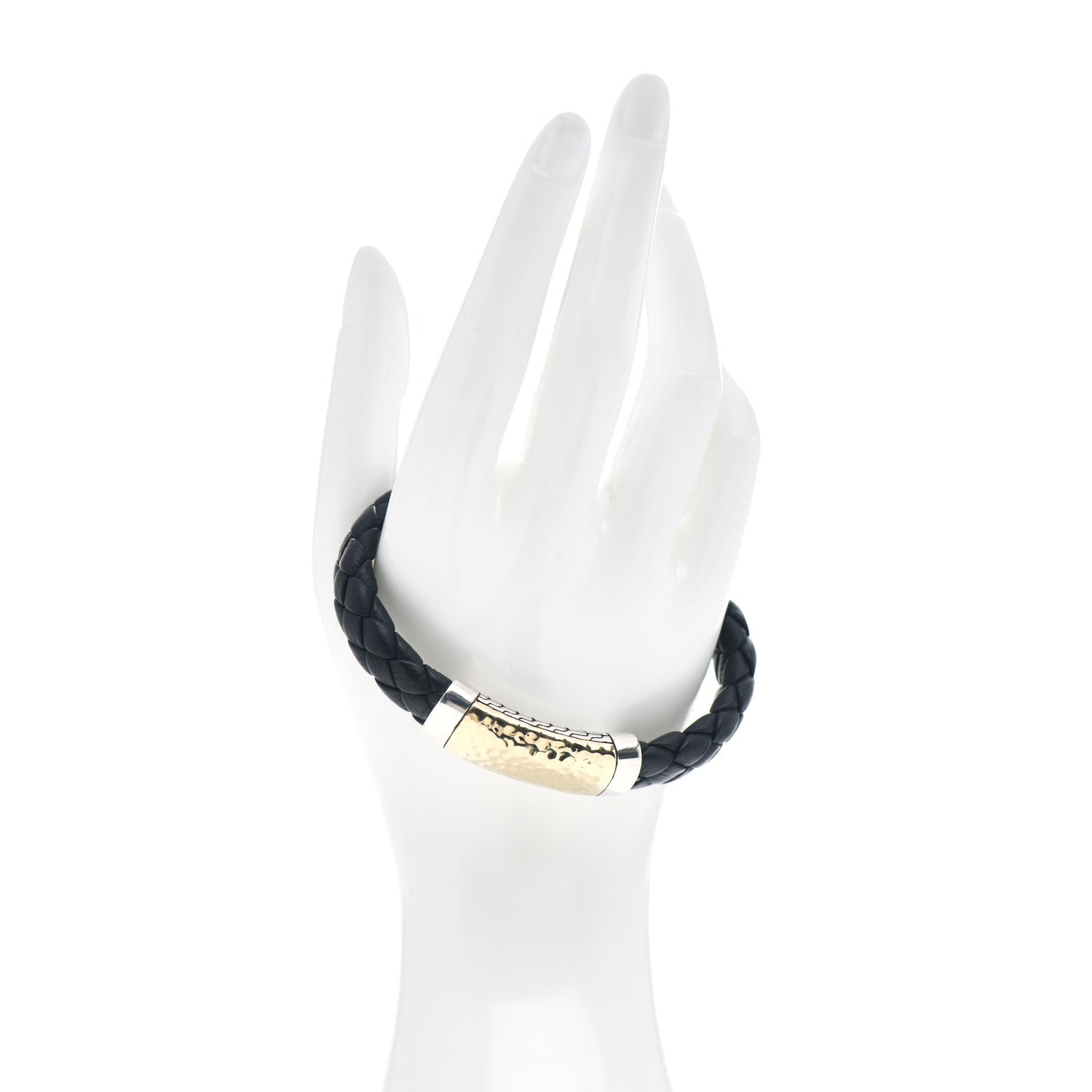 John Hardy Sterling Silver 18K Yellow Gold Leather 12mm Braided Hammered Station Bracelet Black 2 of 4
