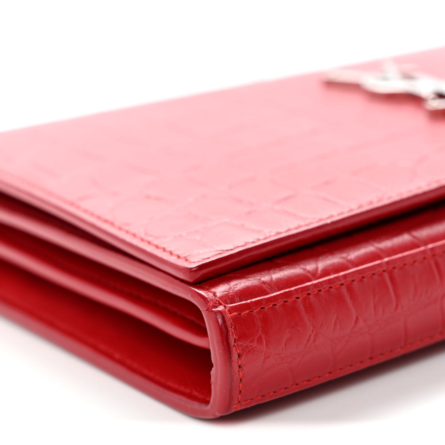 Calfskin Crocodile Embossed Monogram Chain Wallet New Red