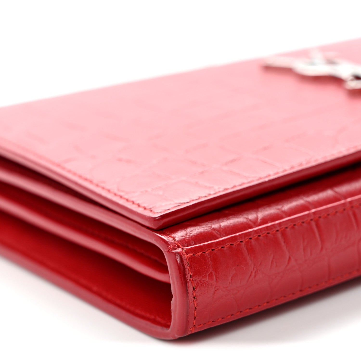 Saint Laurent Calfskin Crocodile Embossed Monogram Chain Wallet New Red 9 of 11