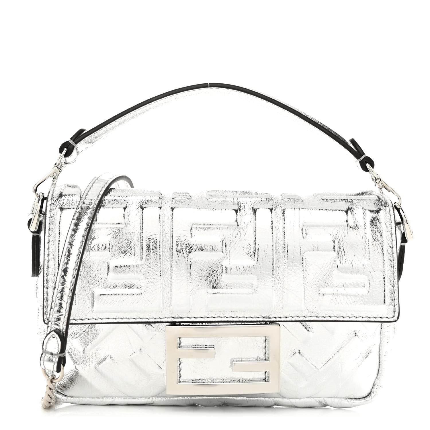 Fendi Vitello Catalan Mirror FF 1974 Embossed Mini Baguette Argento 1 of 9