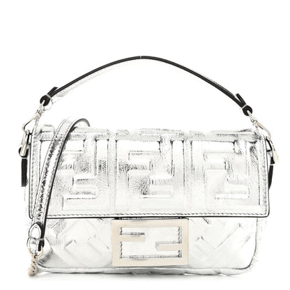 Fendi Vitello Catalan Mirror FF 1974 Embossed Mini Baguette Argento 1 of 9
