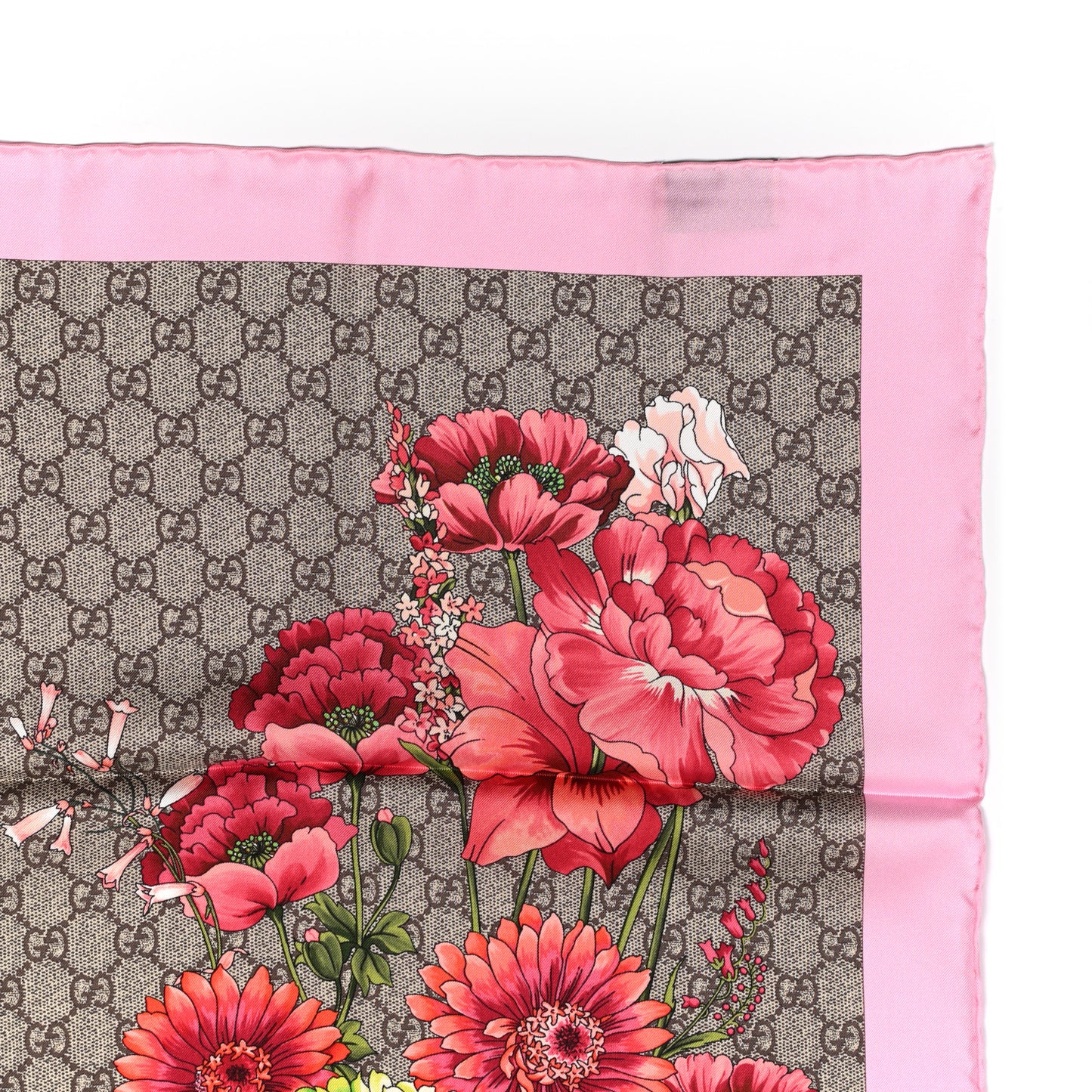 Silk Twill GG Monogram GG Bouquet Spring Square Scarf Beige Pink