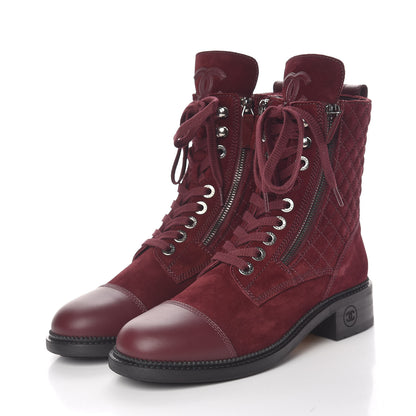 Chanel Suede Calfskin Quilted Lace Up Boots 39 Burgundy 3 of 9