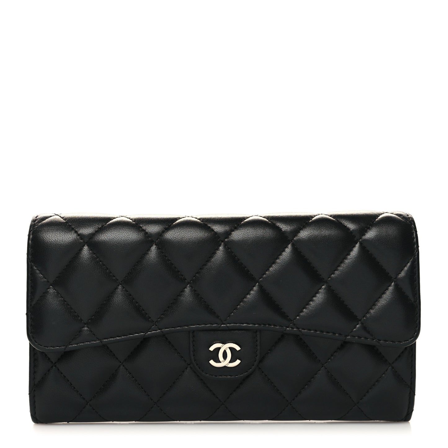 Lambskin Quilted Large Gusset Flap Wallet Black
