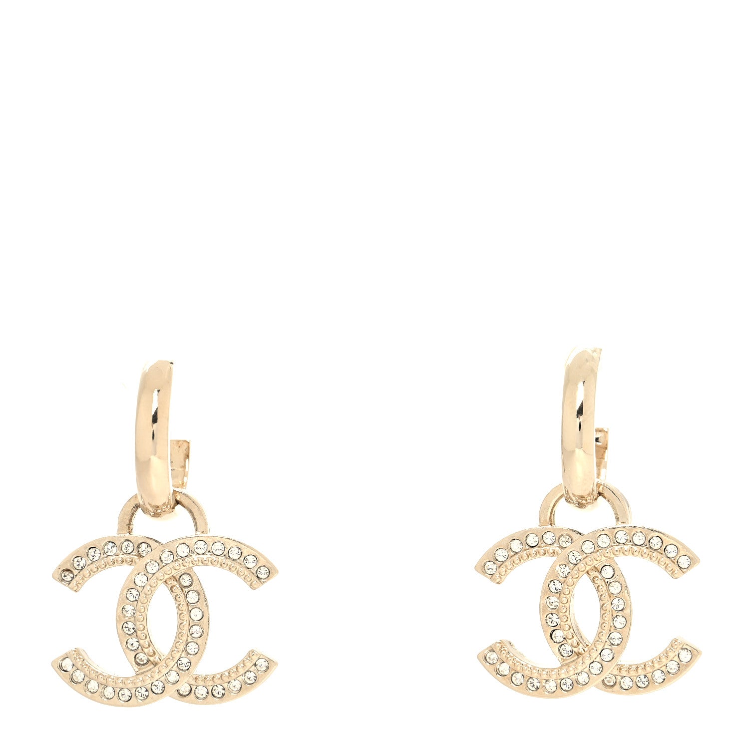 Chanel Metal Crystal Studded CC Hoop Drop Earrings Gold 1 of 4
