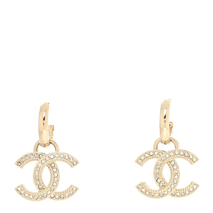 Chanel Metal Crystal Studded CC Hoop Drop Earrings Gold 1 of 4
