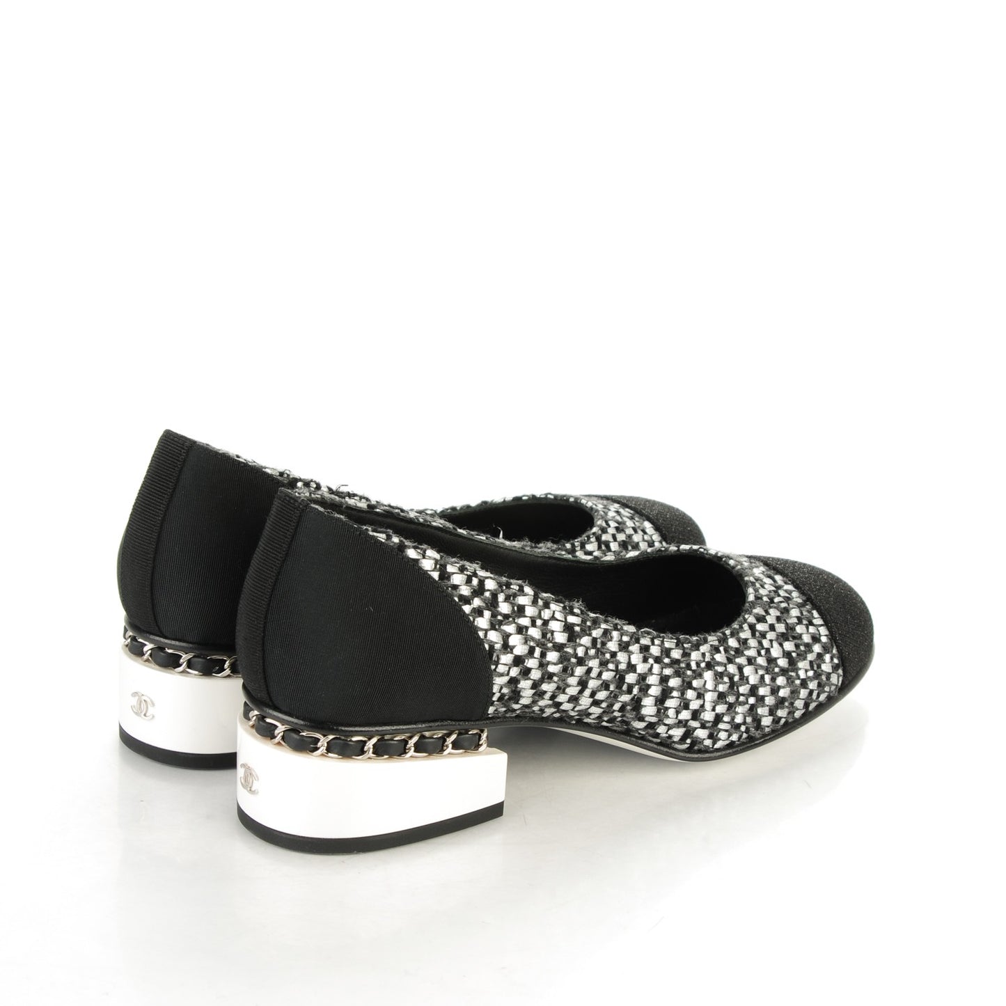Tweed Grosgrain Chain Cap Toe Low Heel Pumps 38.5 Silver Black