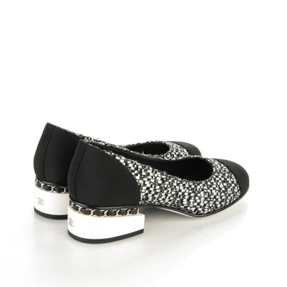Chanel Tweed Grosgrain Chain Cap Toe Low Heel Pumps 38.5 Silver Black 4 of 7