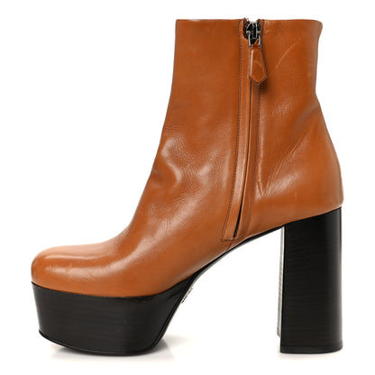 Prada Vitello Platform Ankle Booties 37.5 Cognac 1 of 9