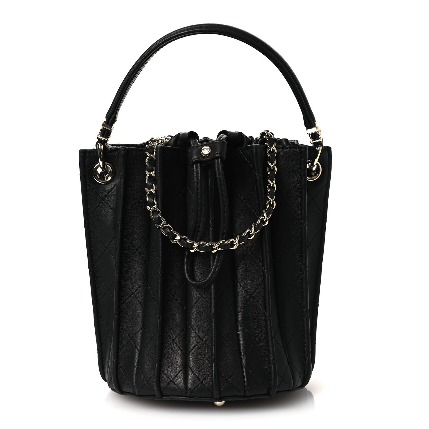 Calfskin Quilted Pleated Bucket Bag Black