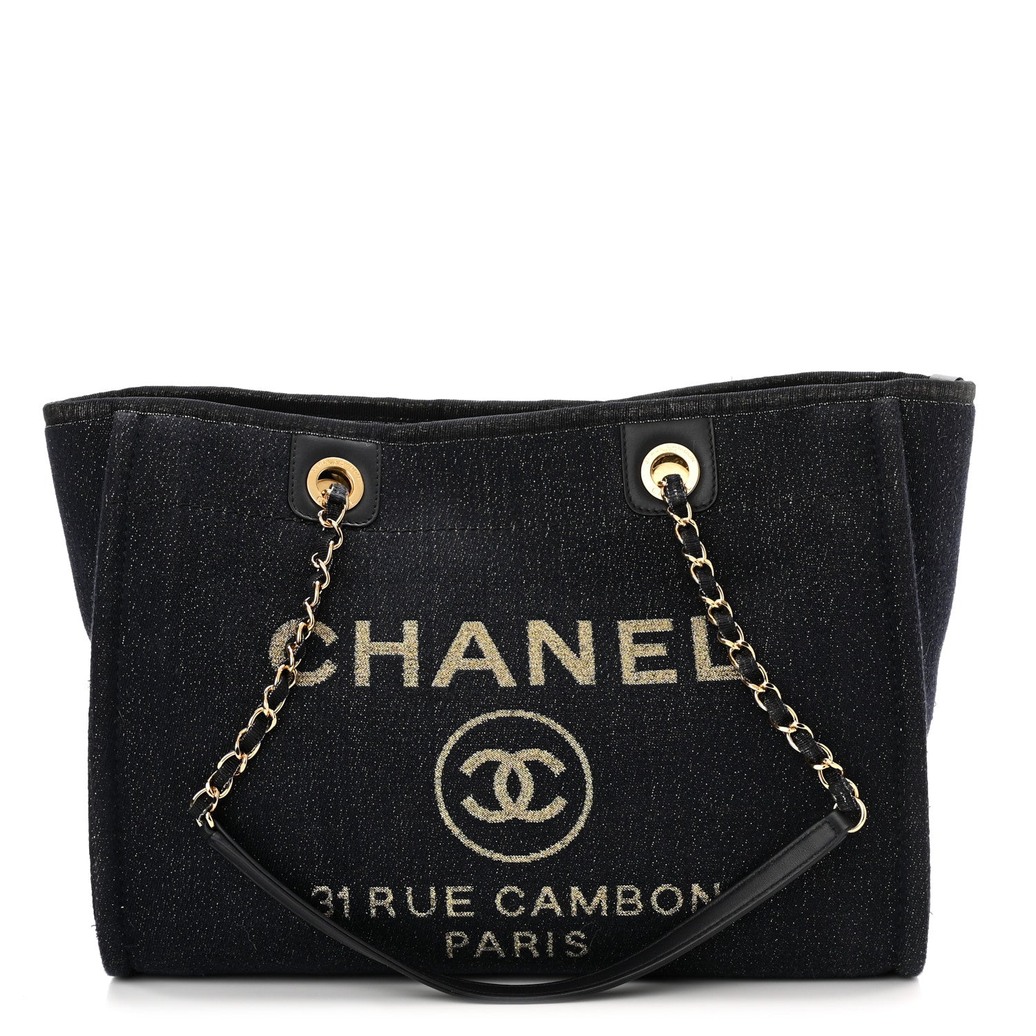 Chanel Lurex Canvas Small Deauville Tote Navy Blue Gold 1 of 10