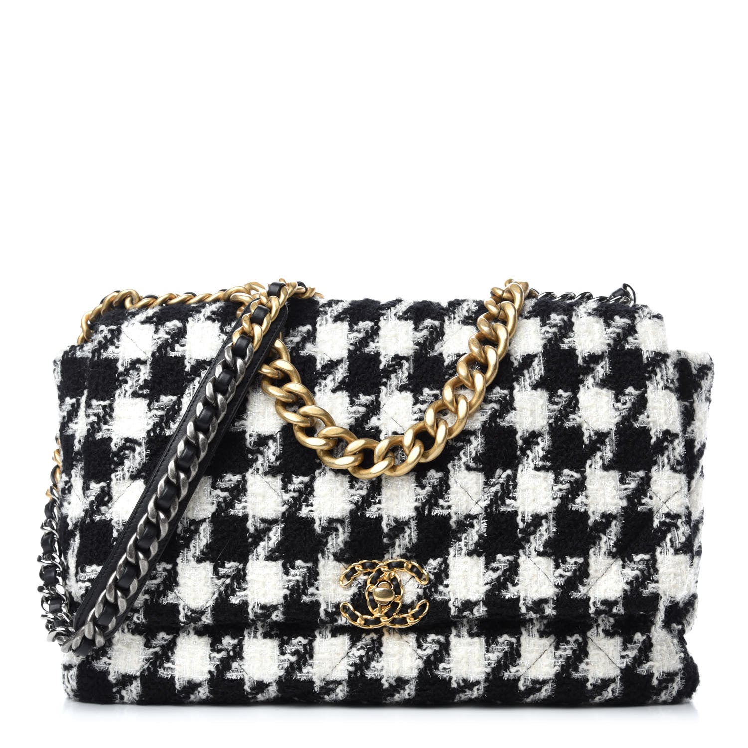 Chanel Tweed Quilted Maxi Chanel 19 Flap Black Ecru White 1 of 10
