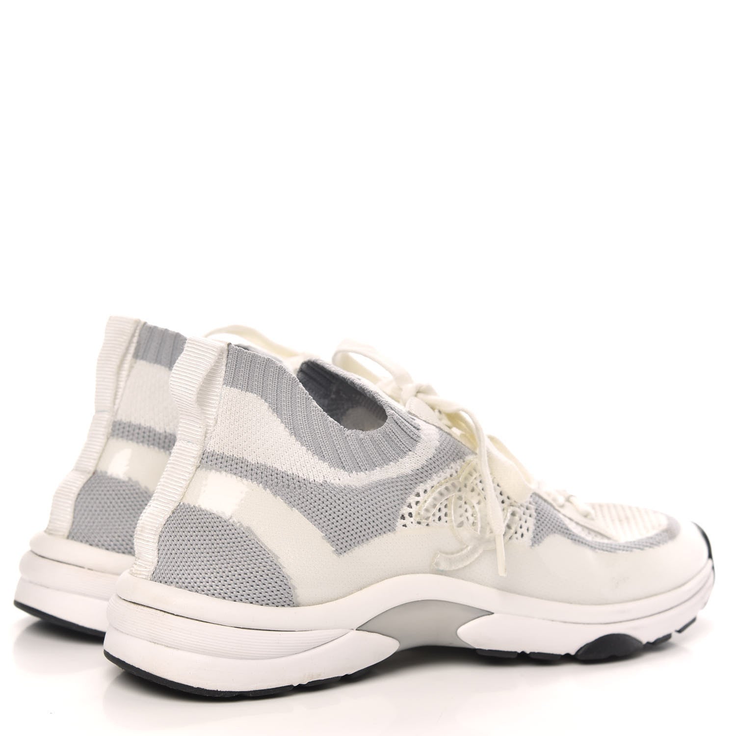 Chanel Fabric Suede Calfskin Stretch CC Sneakers 40 White Grey 4 of 8