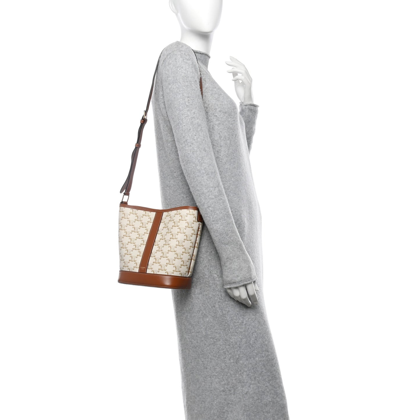 Triomphe Canvas Calfskin Small Bucket Bag White