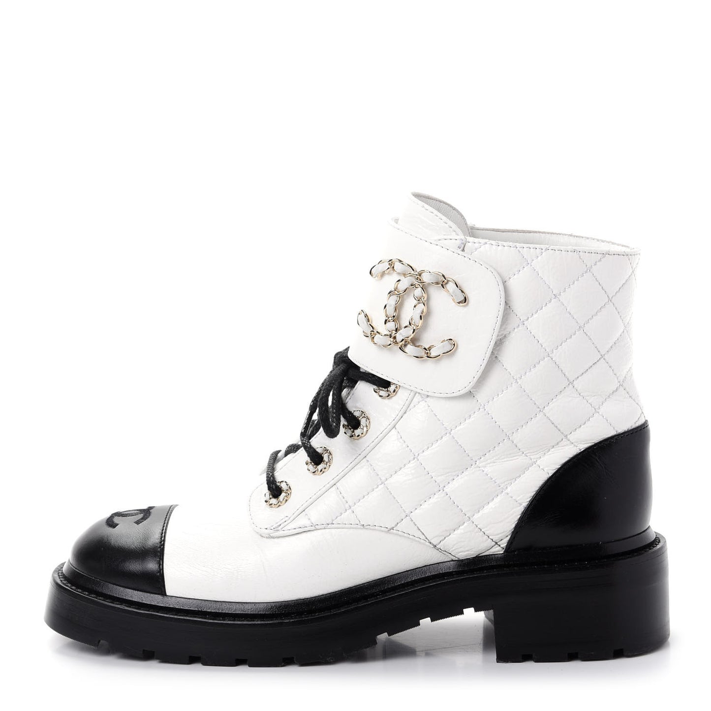 Shiny Goatskin Calfskin Quilted Lace Up Combat Boots 38.5 White Black
