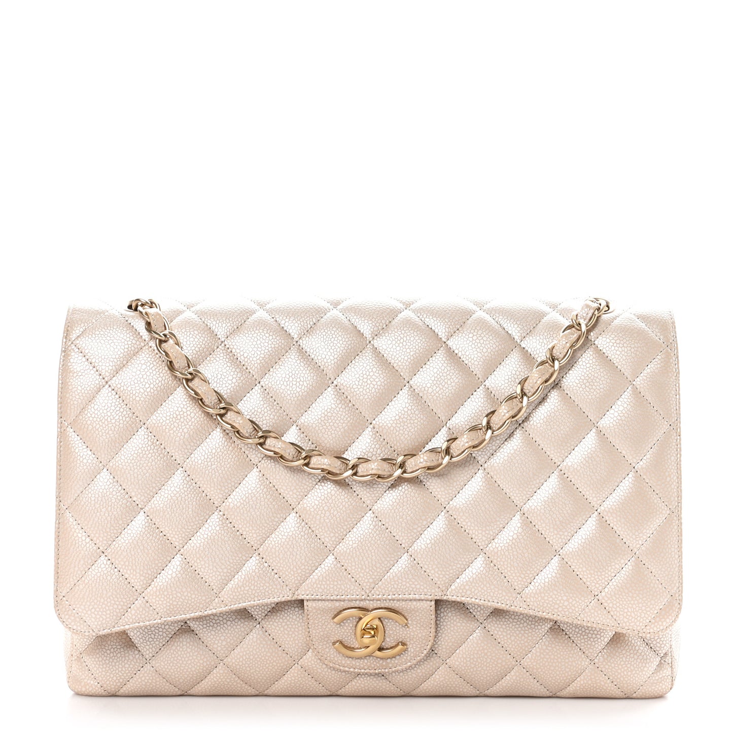 Metallic Caviar Quilted Maxi Double Flap Beige