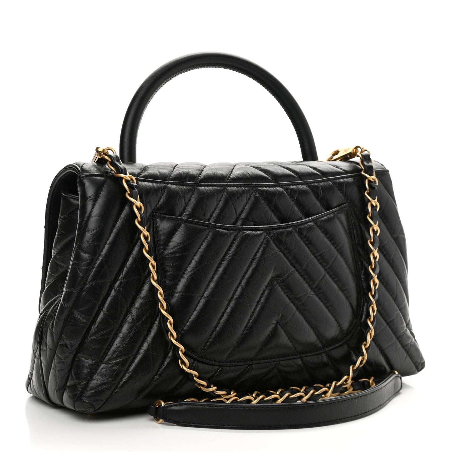 Aged Calfskin Chevron Quilted Small Coco Handle Flap Black
