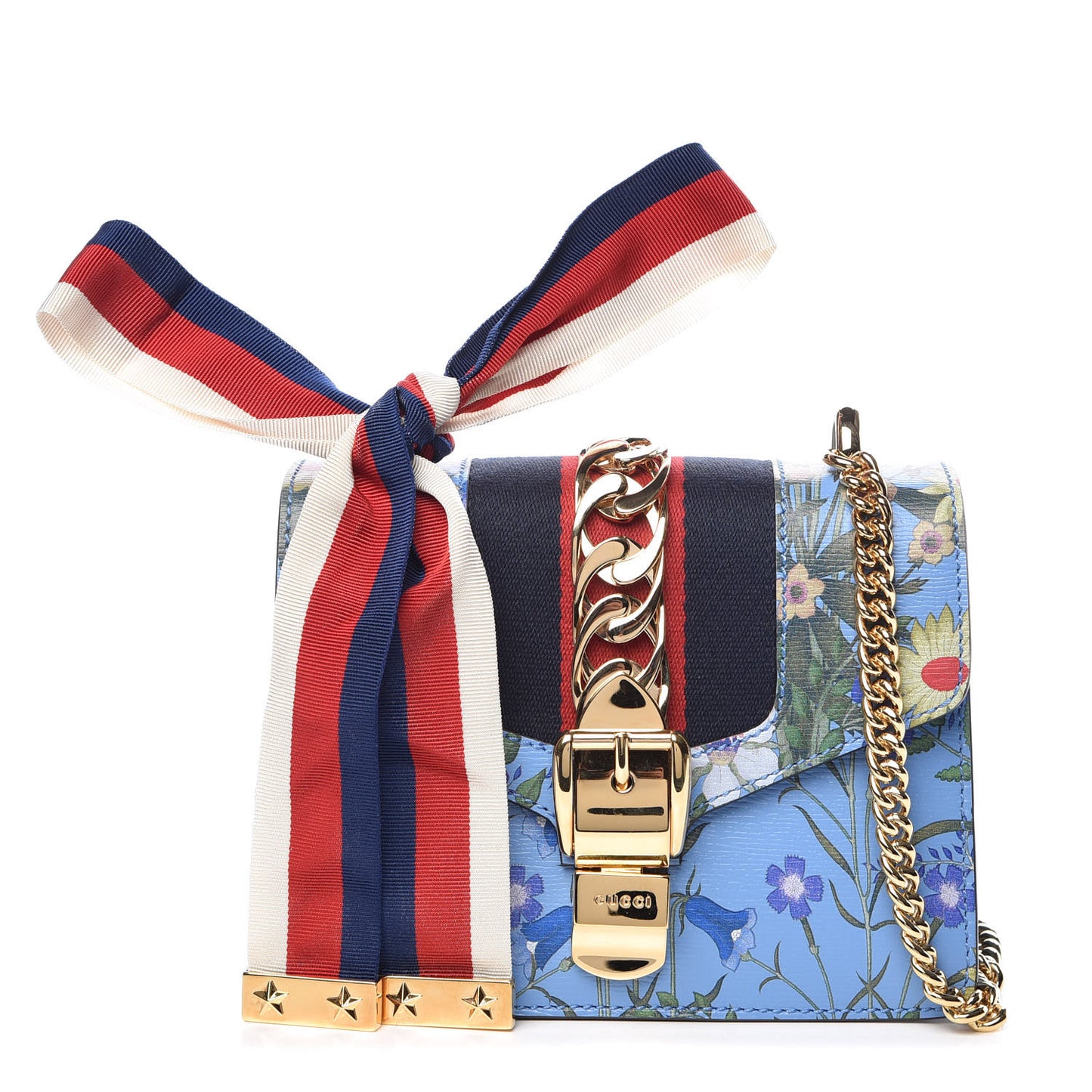 Shangai Calfskin Web New Flora Mini Sylvie Chain Shoulder Bag Azure