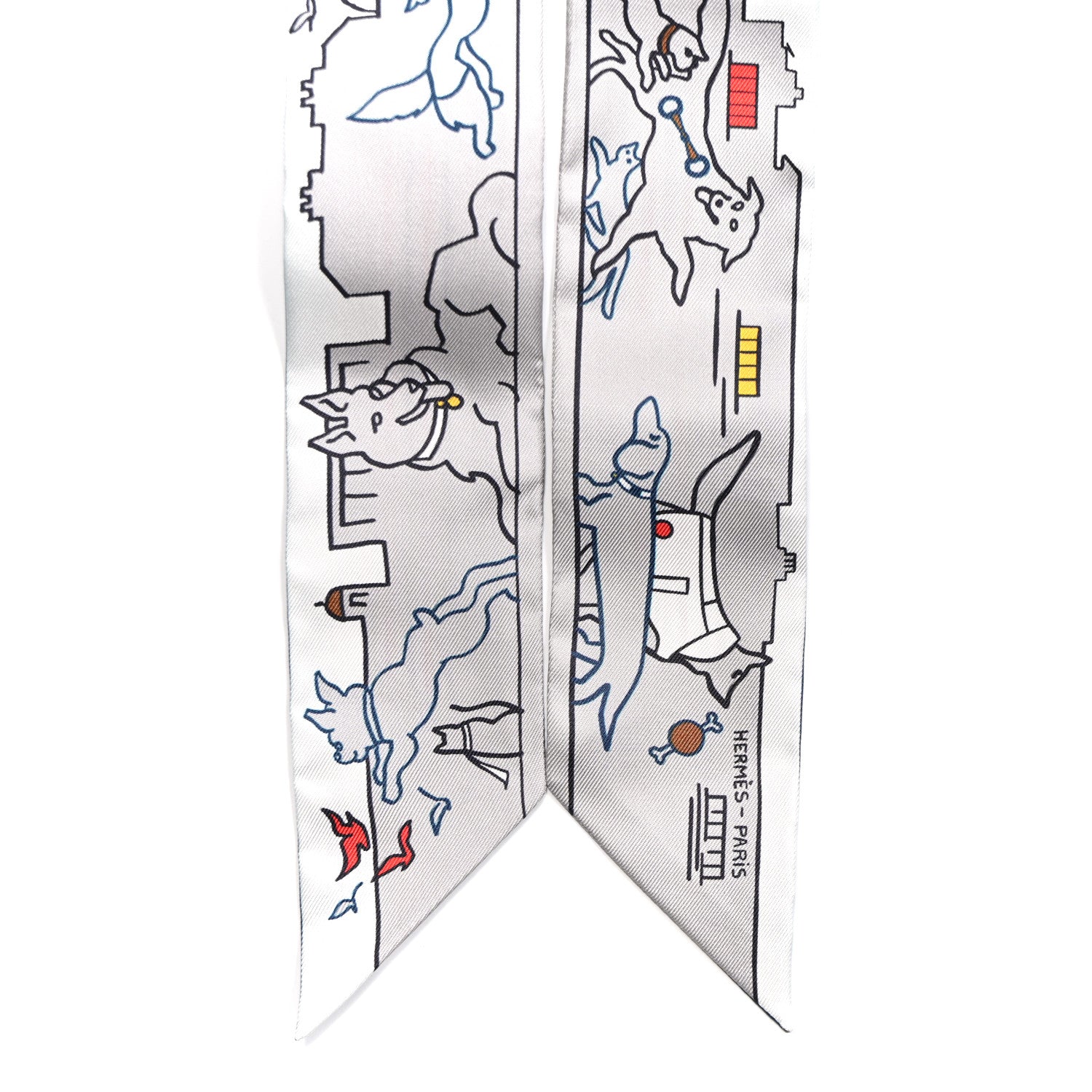 Hermes Silk Les Chiens Parisiens Twilly Gris Perle Bleu Jaune 2 of 4