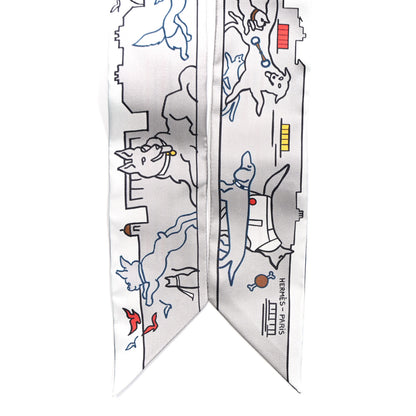 Hermes Silk Les Chiens Parisiens Twilly Gris Perle Bleu Jaune 2 of 4
