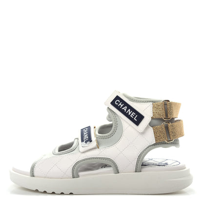 Chanel Goatskin Fabric Gladiator Sandals 37 White Light Grey Navy Blue 1 of 11