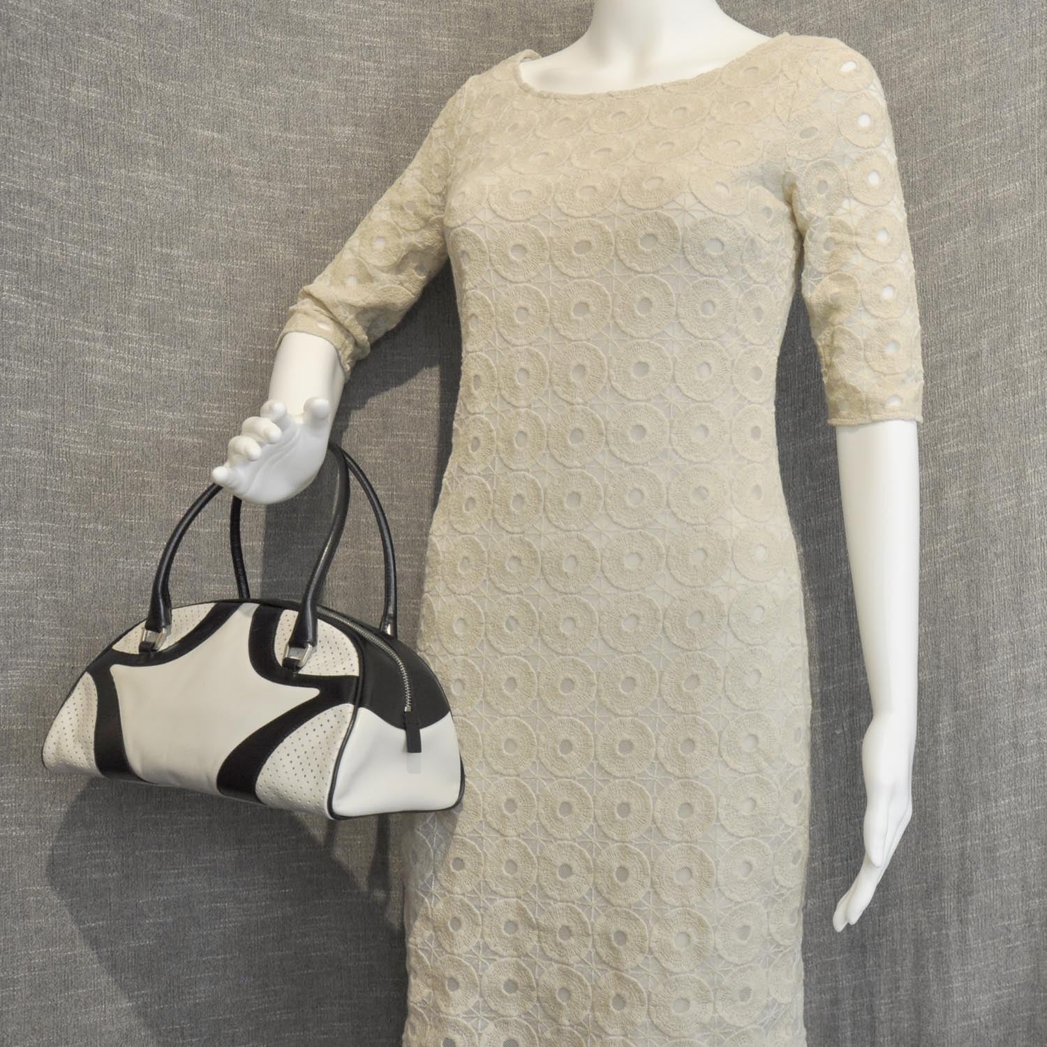 Prada Vitello Drive Perforated Bowling Bag Gesso Black 2 of 12