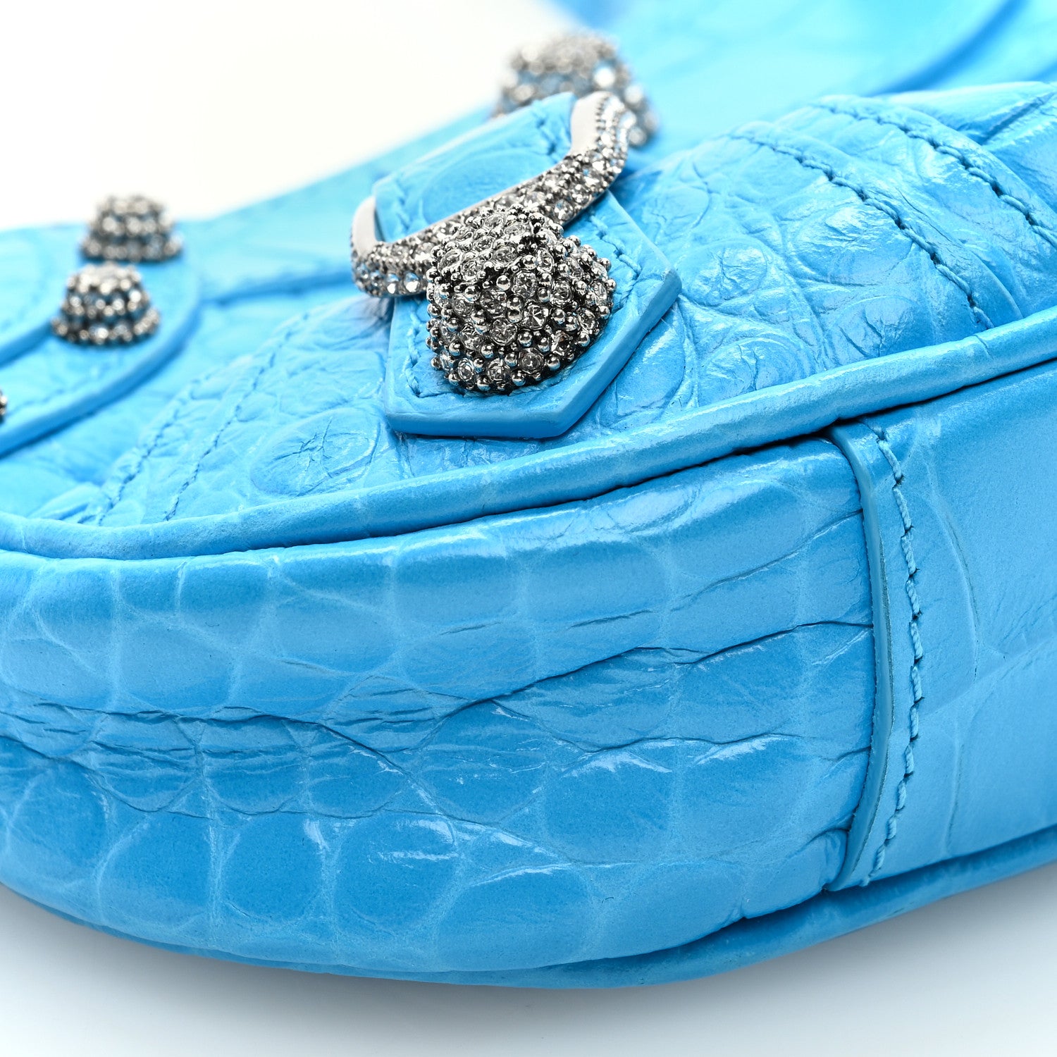 Balenciaga Extra Supple Calfskin Crocodile Embossed Crystal Mini Le Cagole Purse With Chain Cyan 6 of 7