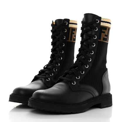 Fendi Calfskin Stretch Fabric Rockoko Biker Boots 36.5 Tobacco Black Marino 3 of 8