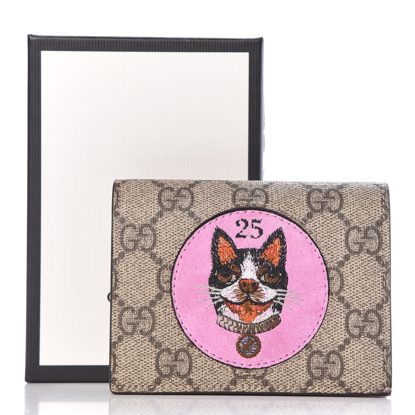GG Supreme Monogram Bosco Patch Card Case Wallet Beige Malva Hibiscus Red
