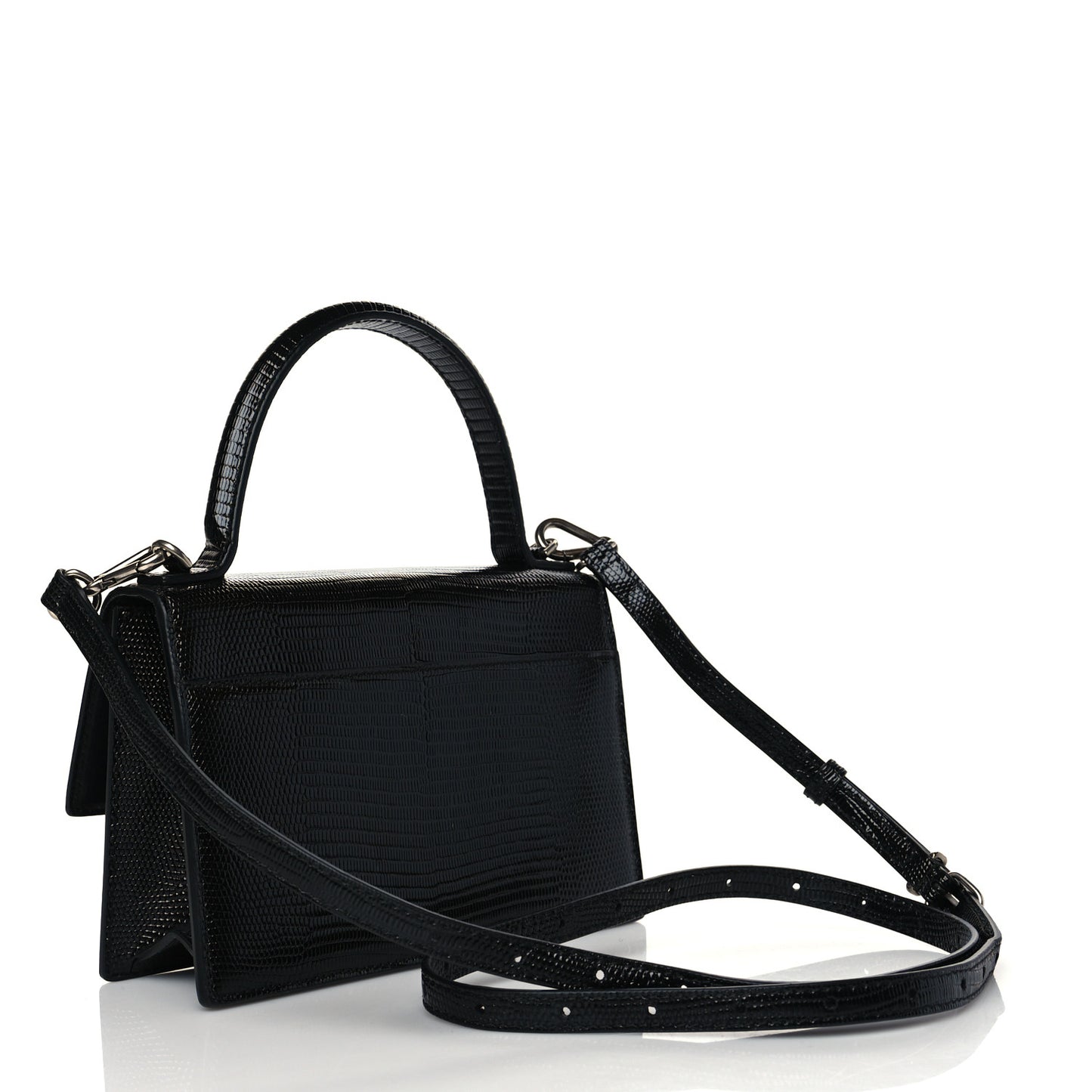 Patent Calfskin Lizard Embossed XS Sharp Top Handle Bag Black