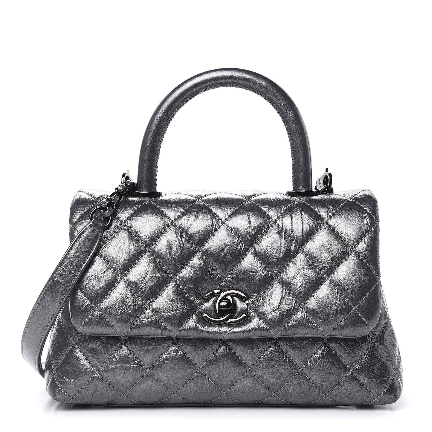 Metallic Aged Calfskin Quilted Mini Coco Handle Flap Charcoal