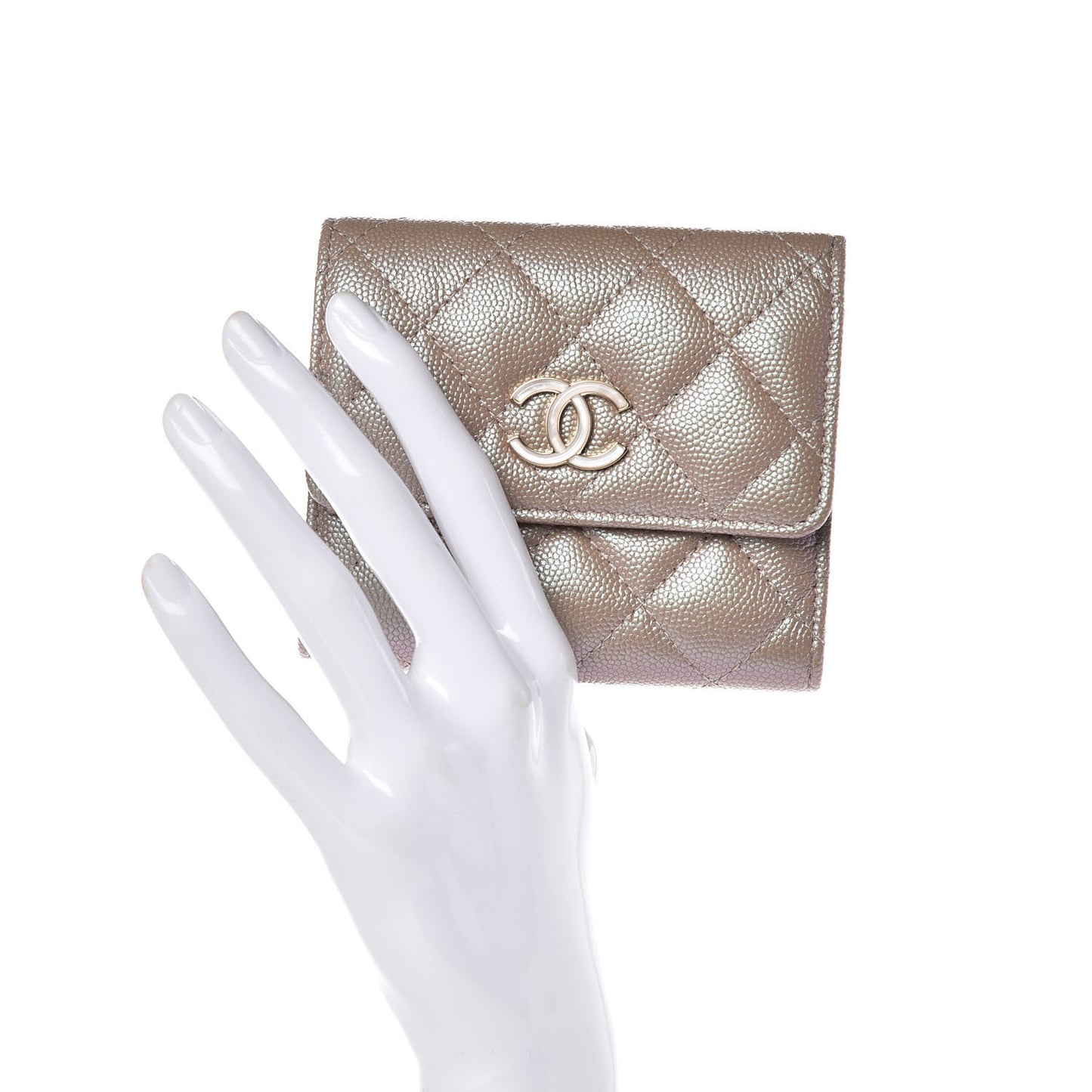 Iridescent Caviar Quilted Small Flap Wallet Beige