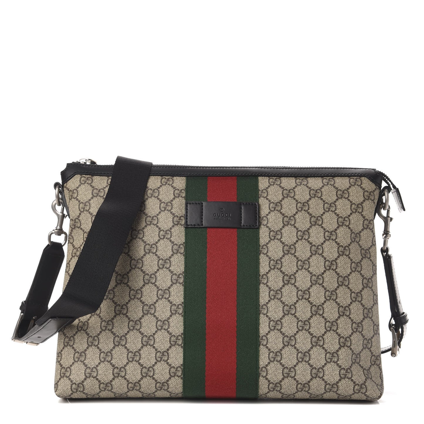 GG Supreme Monogram Calfskin Web Medium Flat Messenger Bag Beige Ebony Black