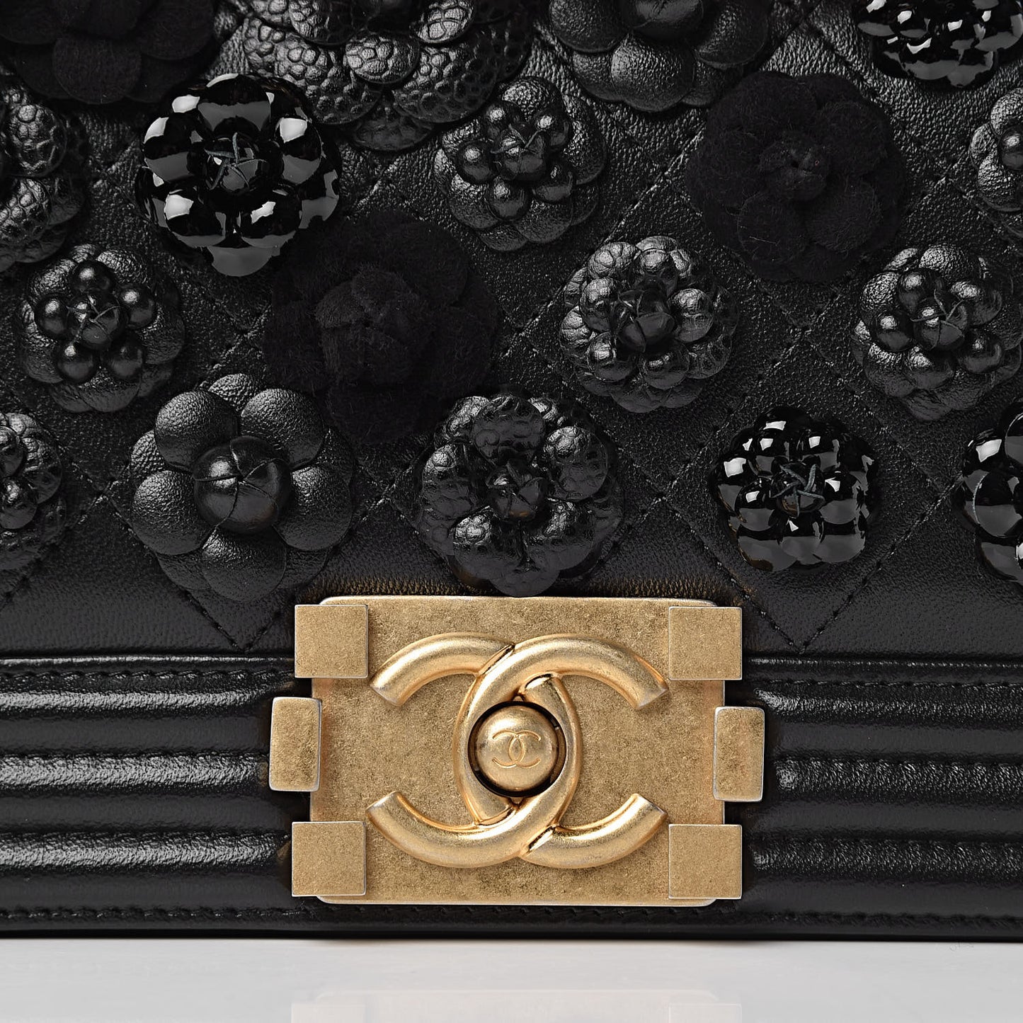 Lambskin Embroidered Camellia Quilted Small Boy Flap Black