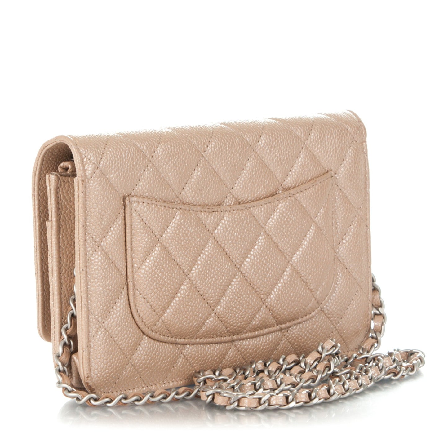 Metallic Caviar Quilted Wallet on Chain WOC Beige