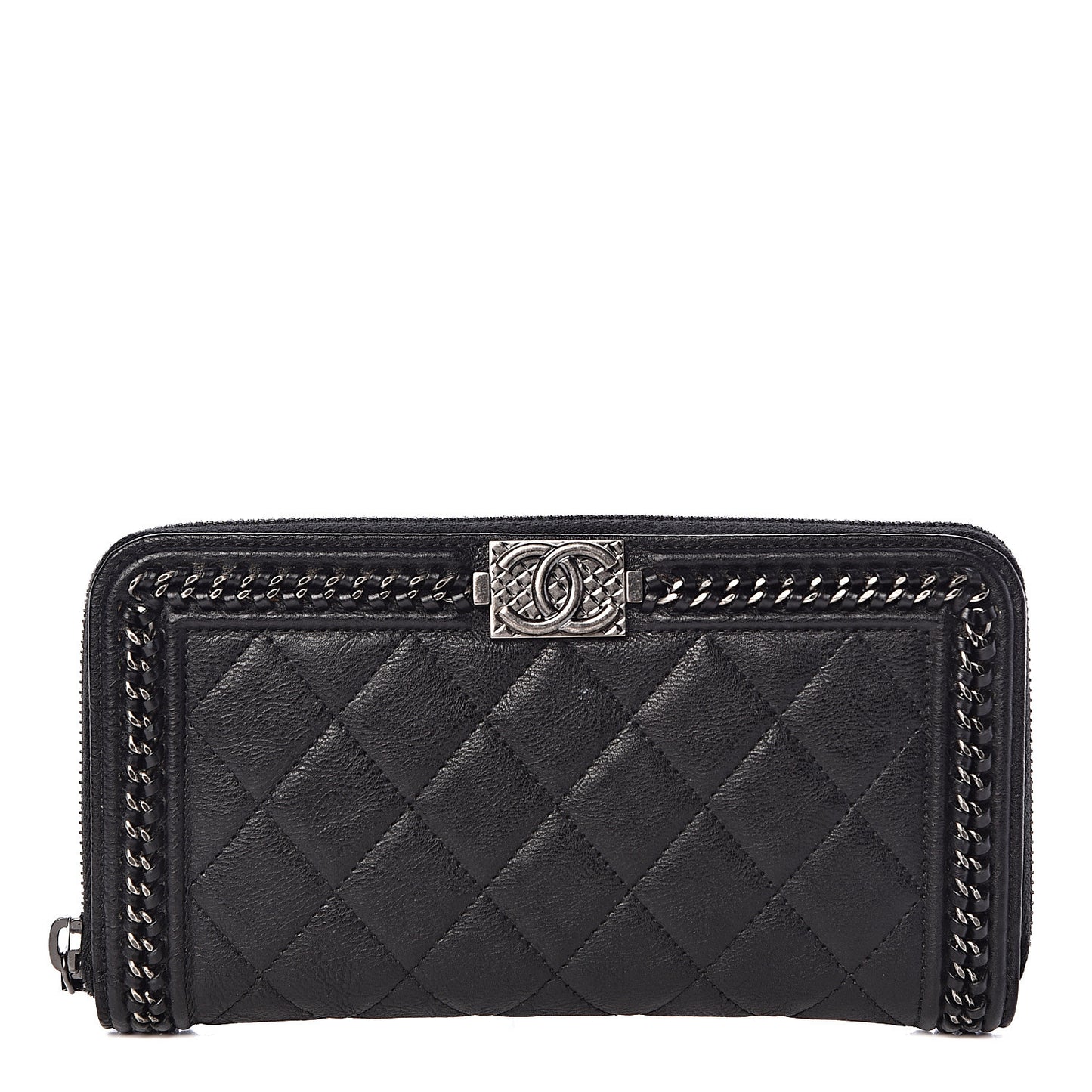 Calfskin Quilted Boy Chain Large Gusset Zip Around Wallet Black