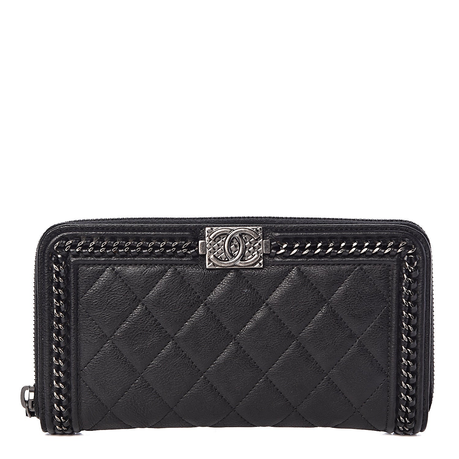 Chanel Calfskin Quilted Boy Chain Large Gusset Zip Around Wallet Black 1 of 9