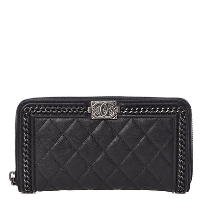 Chanel Calfskin Quilted Boy Chain Large Gusset Zip Around Wallet Black 1 of 9