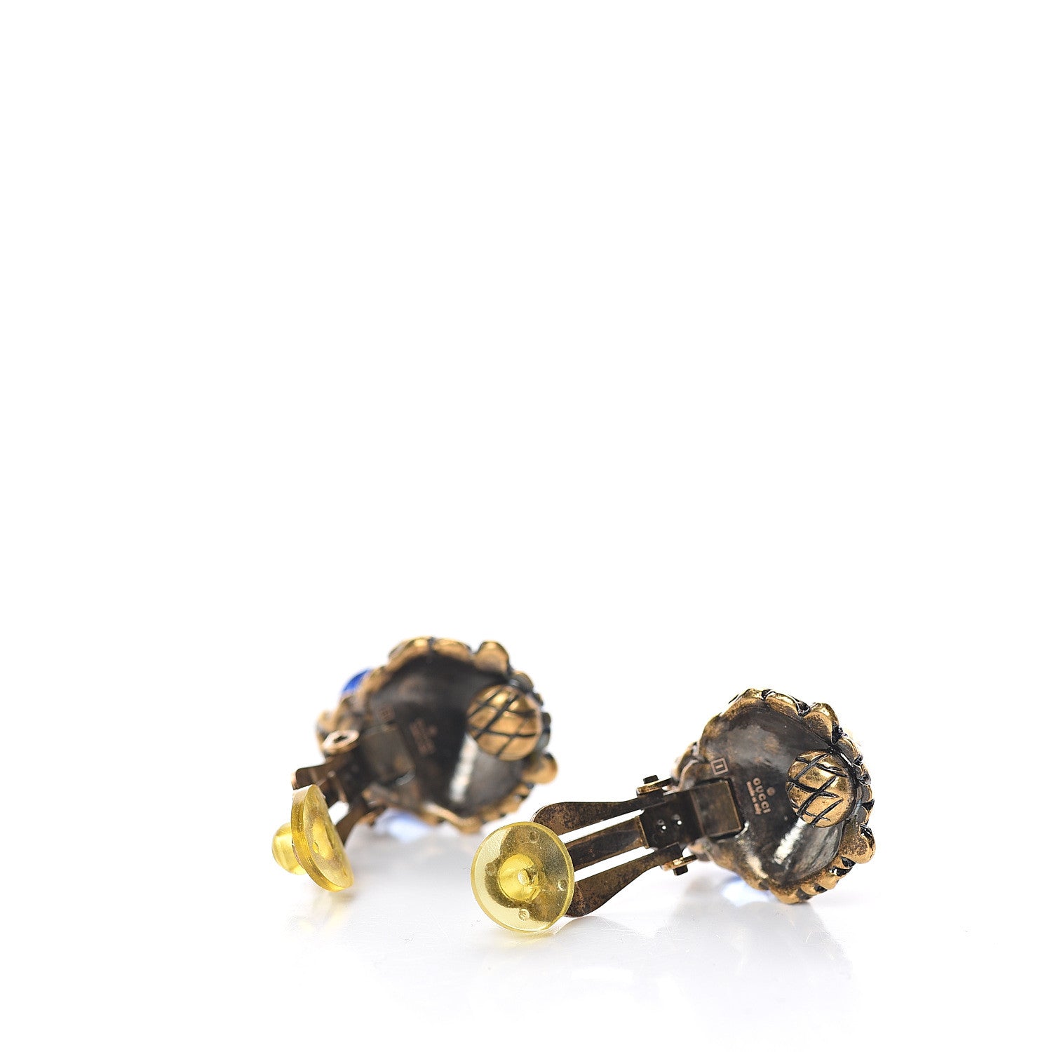 Gucci Metal Crystal Lion Clip On Earrings Aged Gold Blue 3 of 5