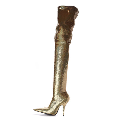 Balenciaga Metallic Sequin Spandex 110mm Knife Thigh High Boots 36.5 Gold 1 of 7