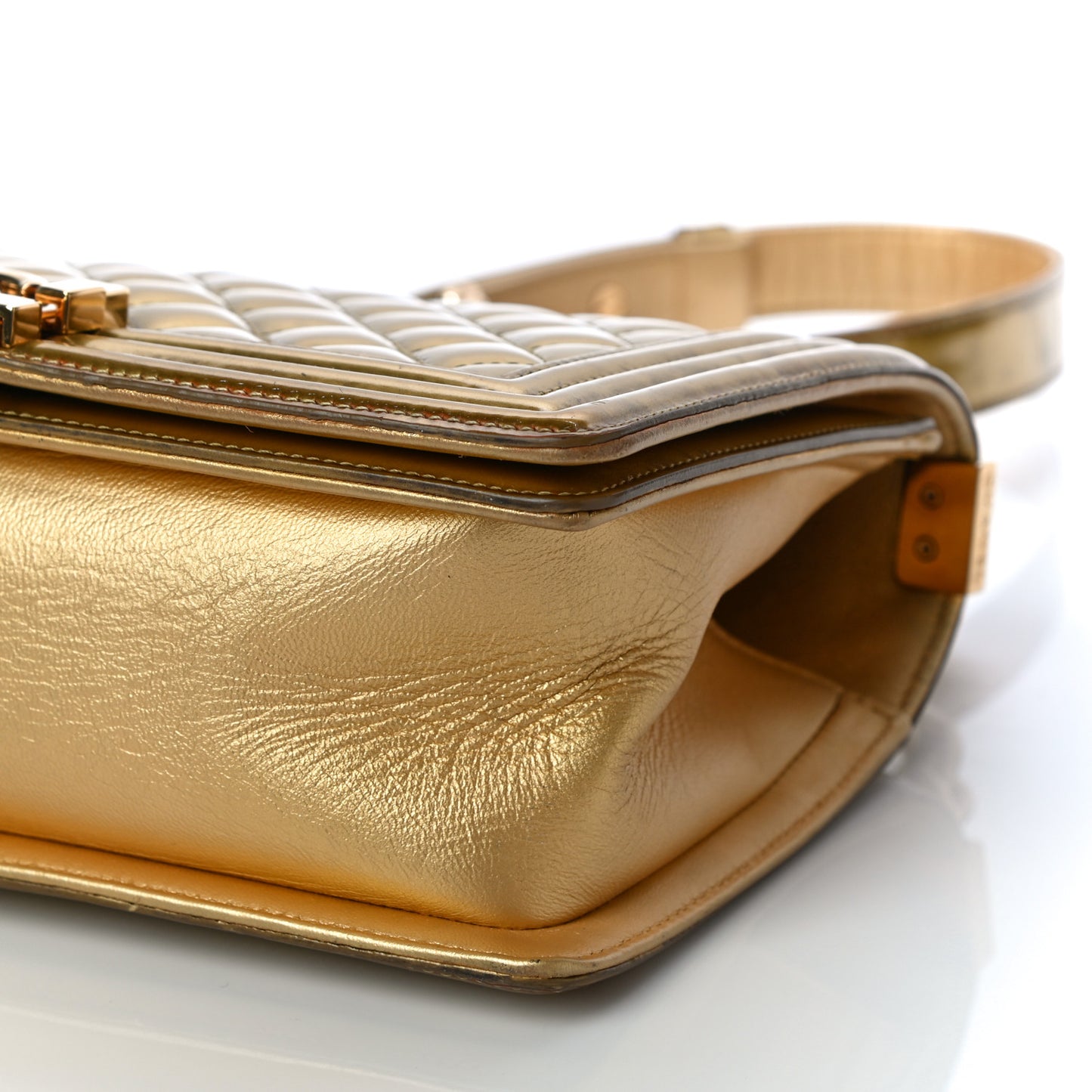 Metallic Patent Calfskin Quilted Medium Boy Flap Gold