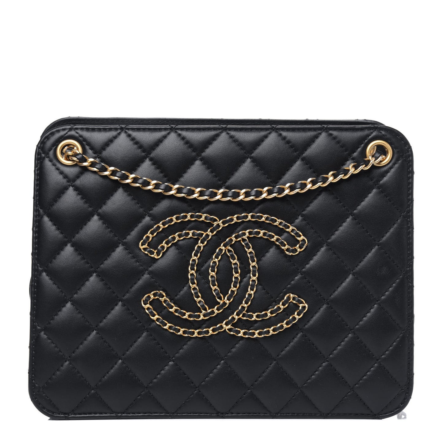 Calfskin Quilted CC Chain Accordion Tote Black