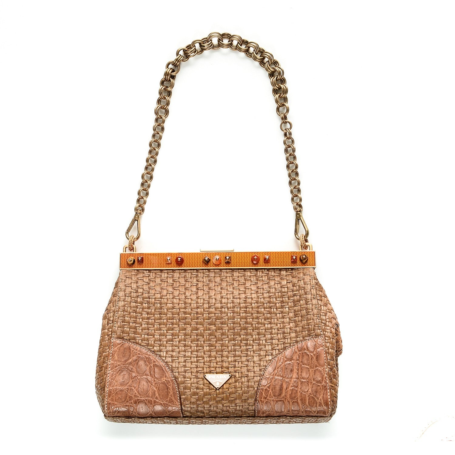 Prada Straw Crocodile Woven Semitracolla Frame Bag Naturale 1 of 6